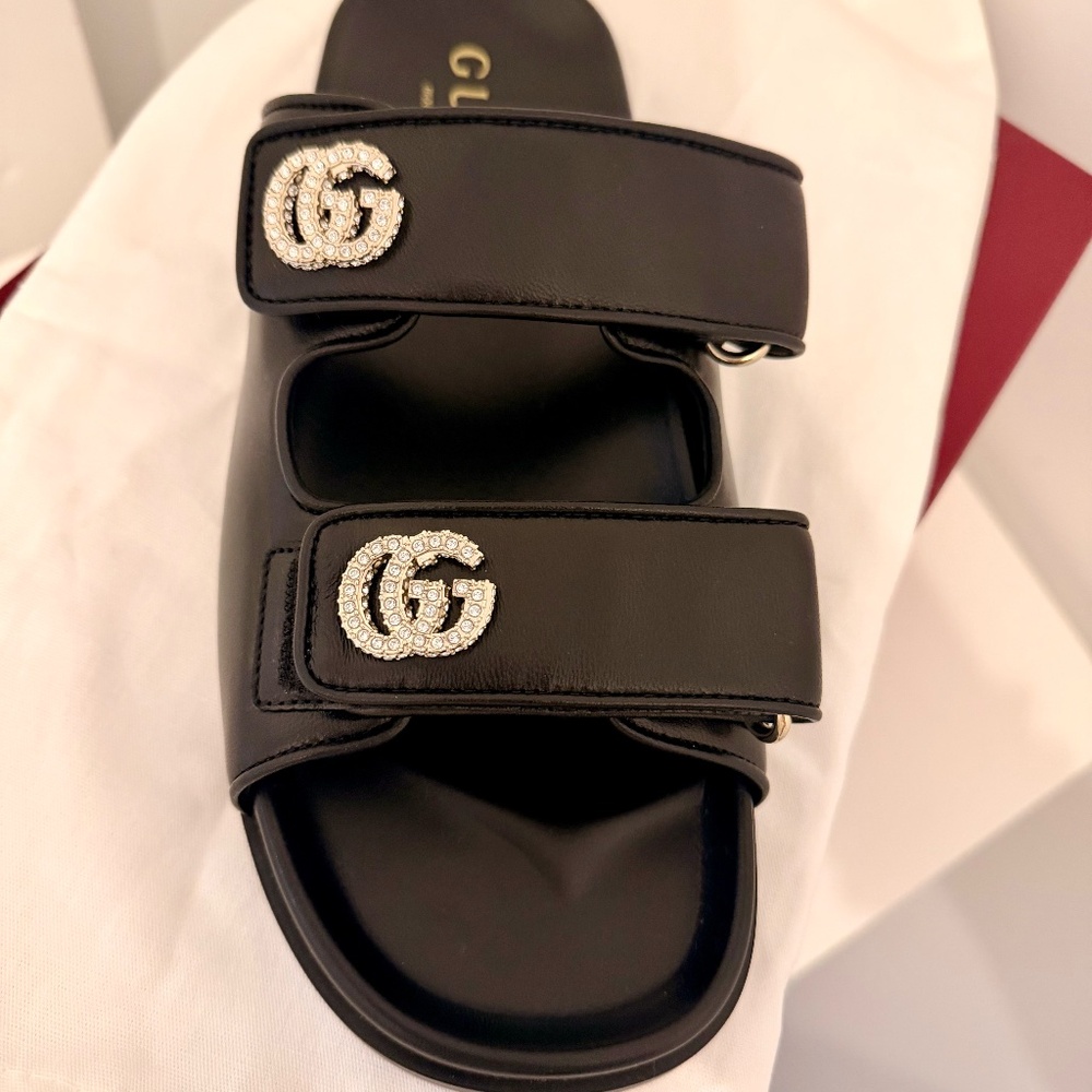 Gucci Sandals Black Crystal Double G